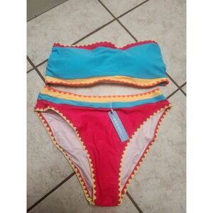 POPILVI Color Block Bandeau Bikini Swimsuit Set Teal Red Yellow Women's M